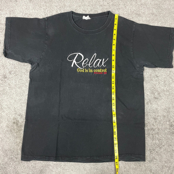 VINTAGE Jesus Tee Shirt Mens Large Black Relax God is in Control Embroidered - Picture 6 of 9